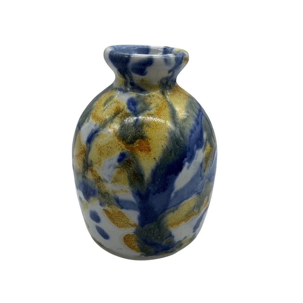 Kravec Studios Naples FL Studio Pottery Bud Vase Blue Yellow Abstract Glaze 3.5